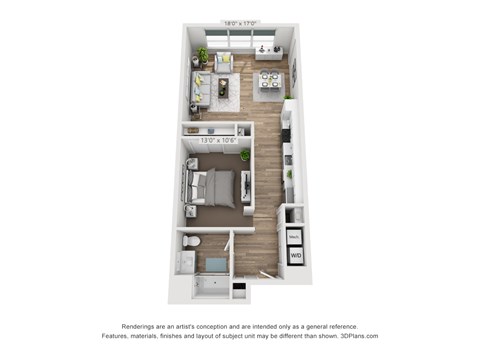 A floor plan of a small apartment with a kitchen, living room, and two bedrooms.